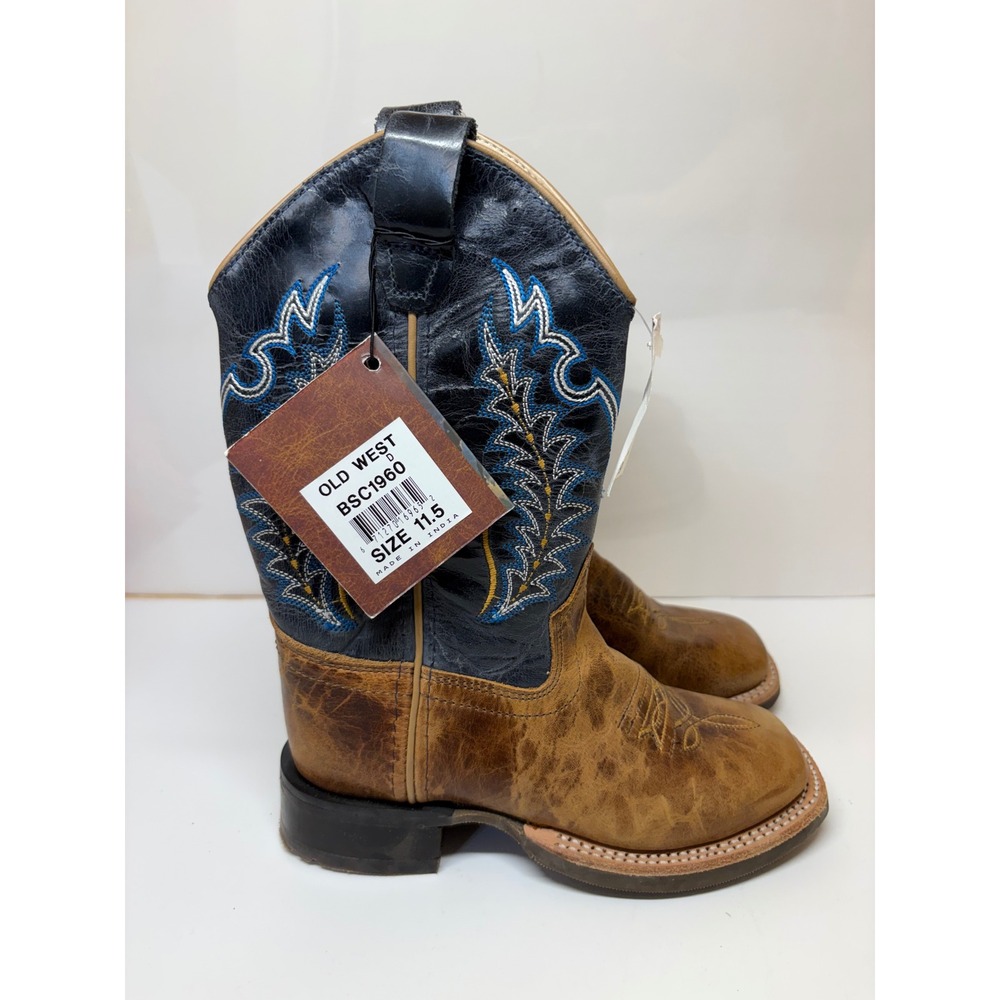Old West Kids BSC1960 Tan Blue Embroidered Leather Cowboy Boots Size 11.5 D